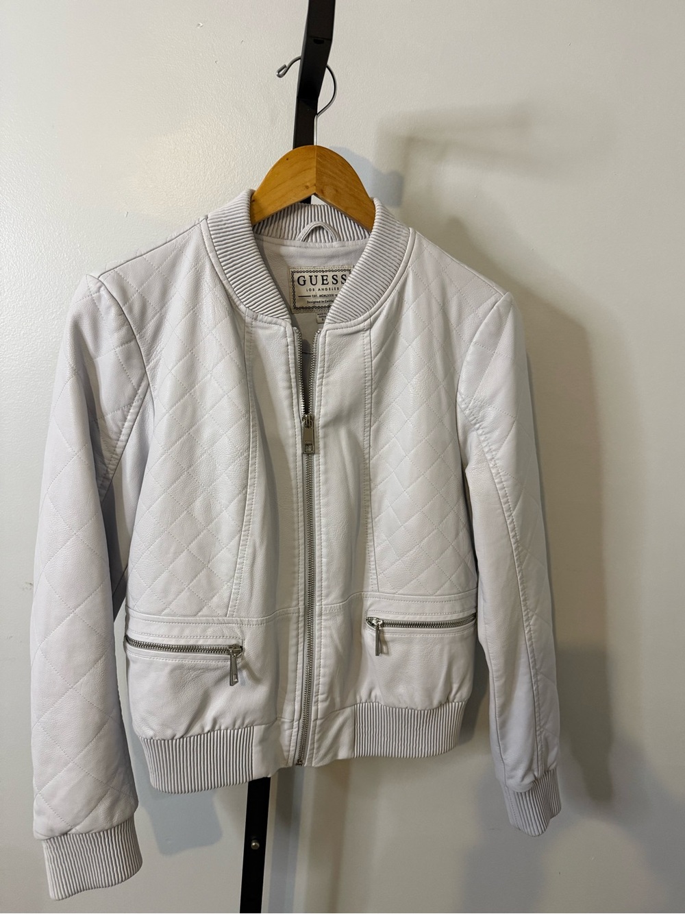Rare Vintage GUESS White Light Gray Quilted Bomber Jacket with Ribbed Trim NWOT